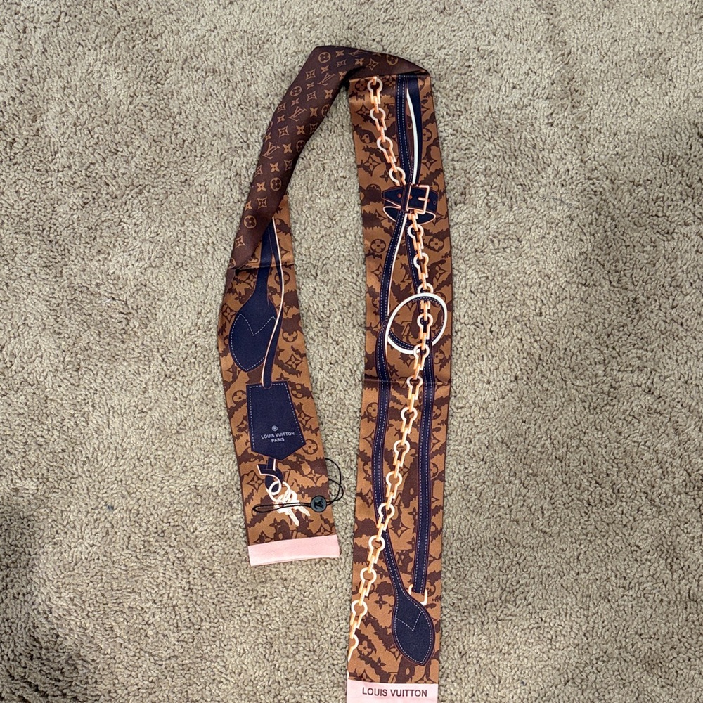 Louis Vuitton Brown & Navy Monogram Silk Twilly with Pink Trim